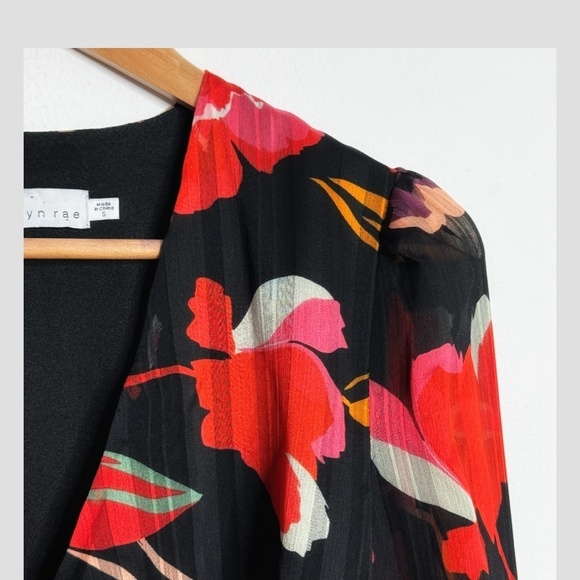 Adelyn Rae Wrap Dress High Low Chiffon Long Sleeve Black Red Print Sheer Sleeve - Picture 9 of 15